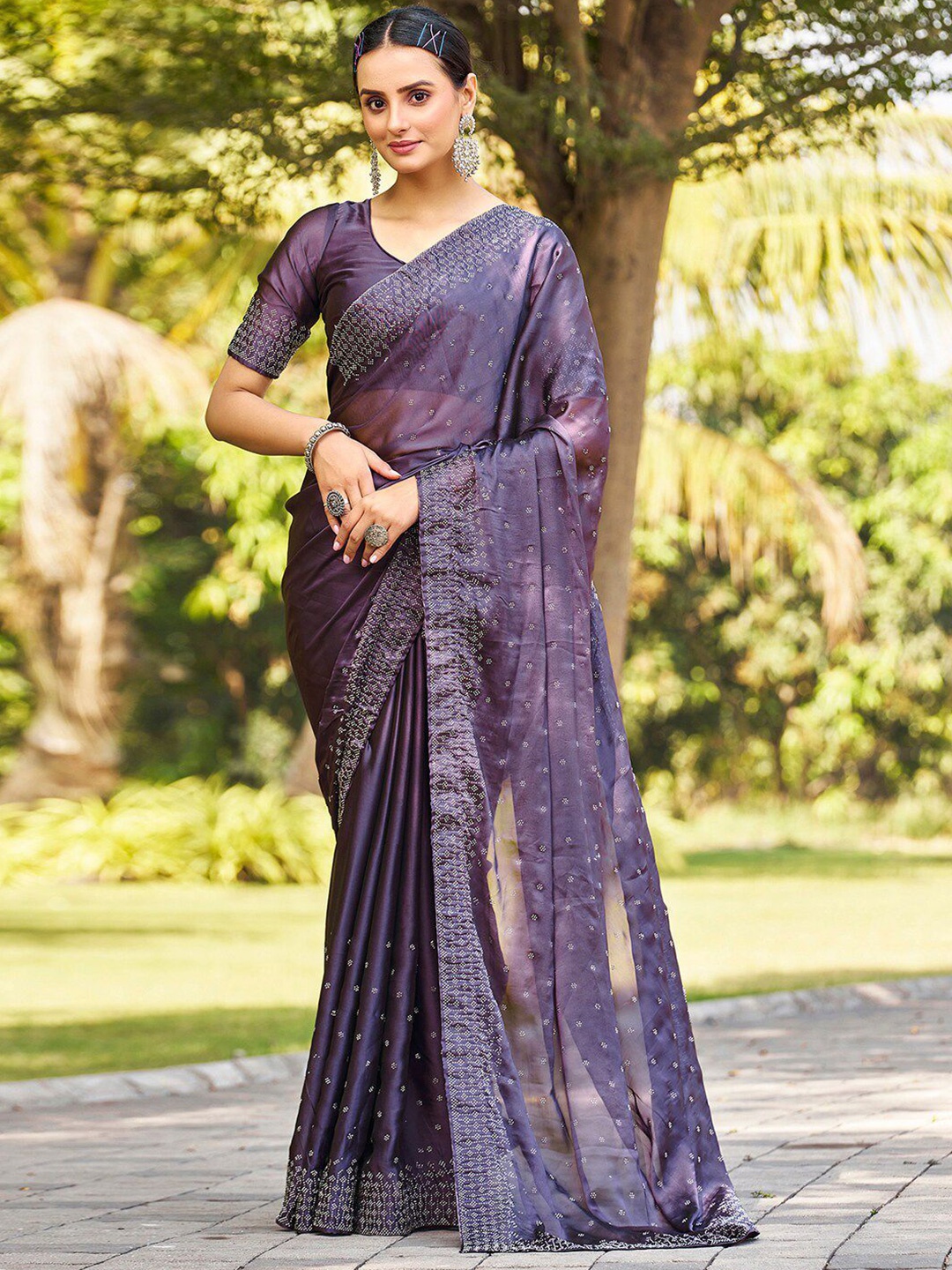 

DIVASTRI Embellished Beads and Stones Pure Georgette Designer Chanderi Saree, Mauve