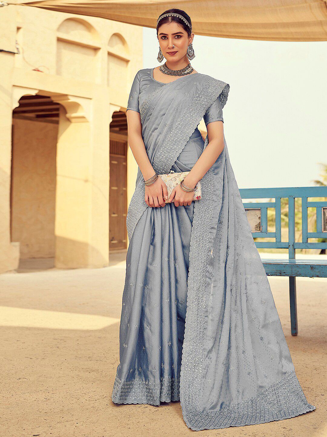 

DIVASTRI Embellished Embroidered Pure Georgette Designer Chanderi Saree, Grey