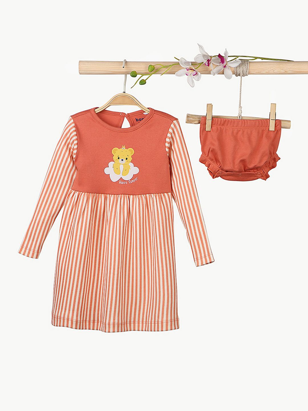 

BONTOTS Striped Organic Cotton A-Line Dress, Brown