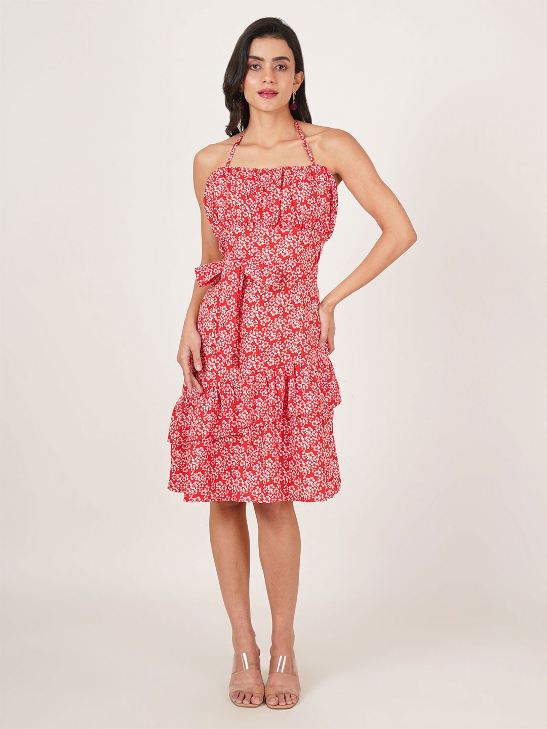 

U&F Floral Print Tie-Up Neck Crepe Fit & Flare Dress, Red