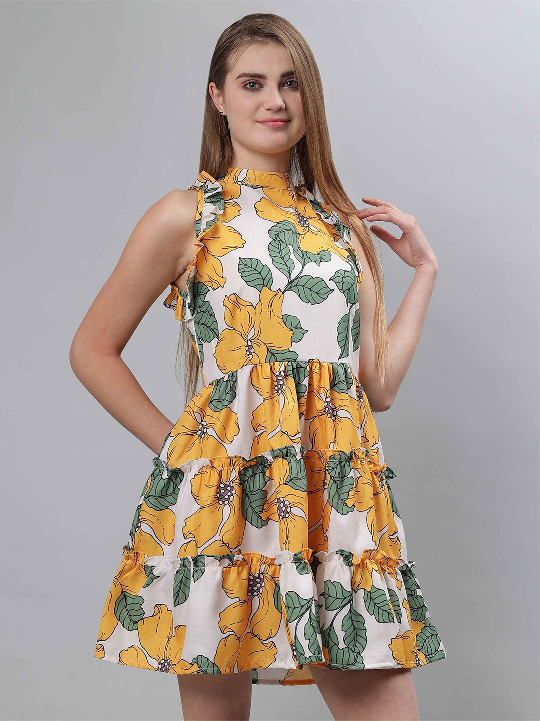 

ETRAANA Floral Print Choker Neck Fit & Flare Mini Dress, Yellow