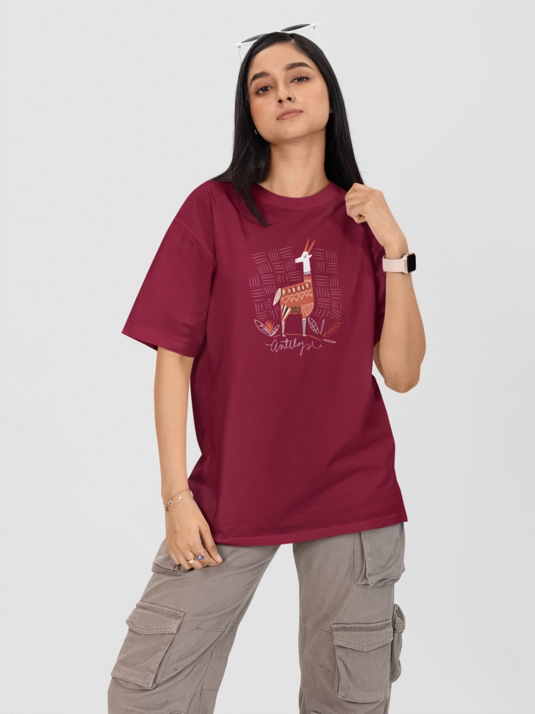 

Moda Rapido Women Printed Drop-Shoulder Sleeves Pockets T-shirt, Maroon