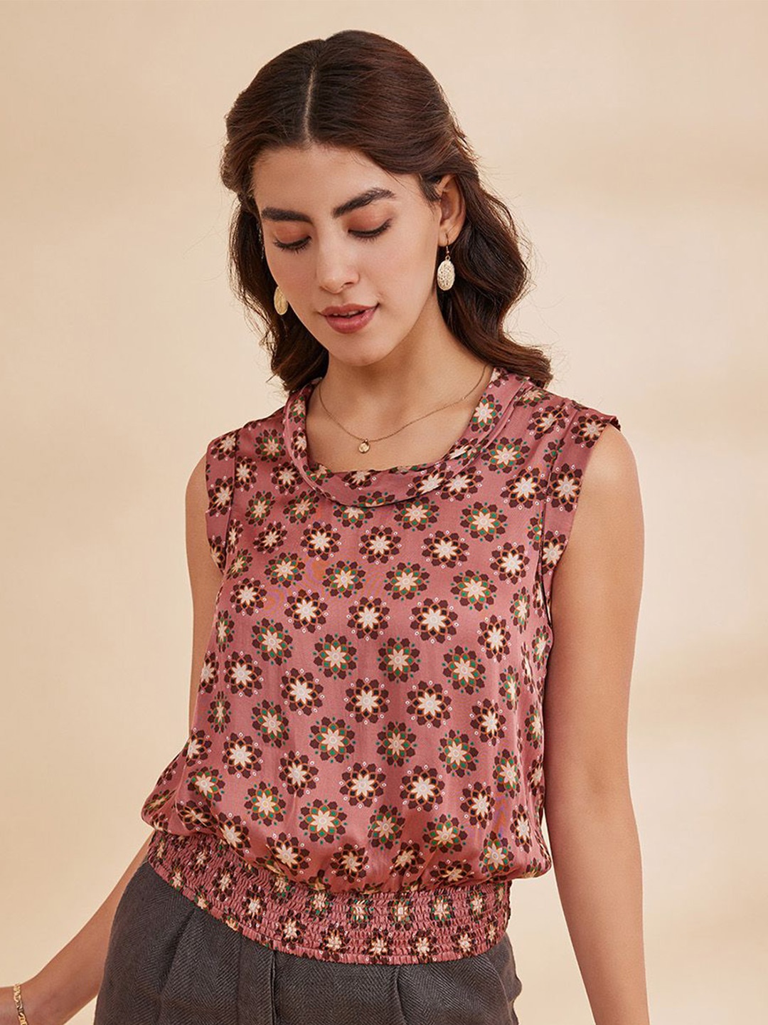 

B77 Floral Print Satin Blouson Top, Pink