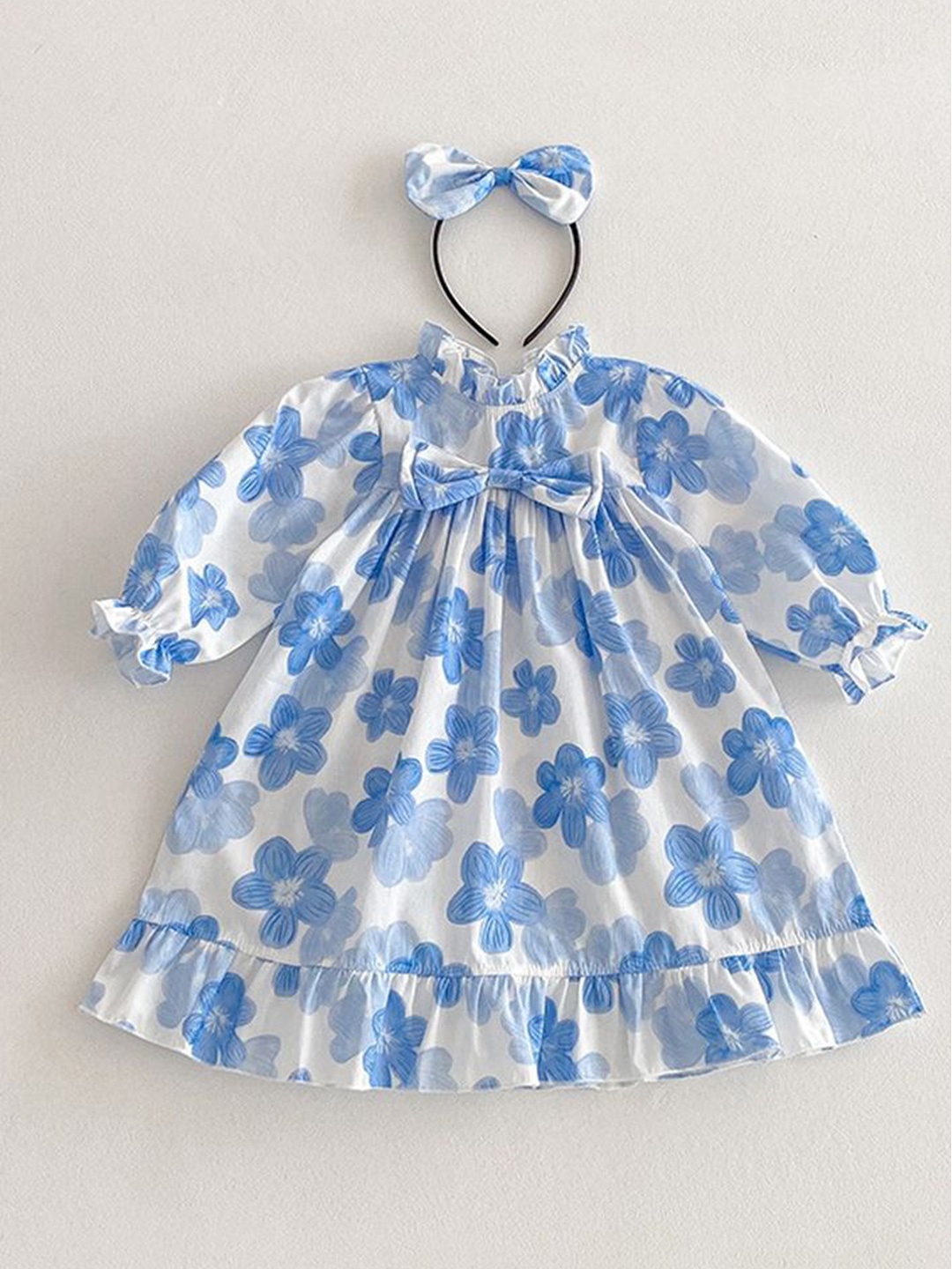 

LULU & SKY Floral Print Tie-Up Neck Flared Sleeve A-Line Dress, Blue