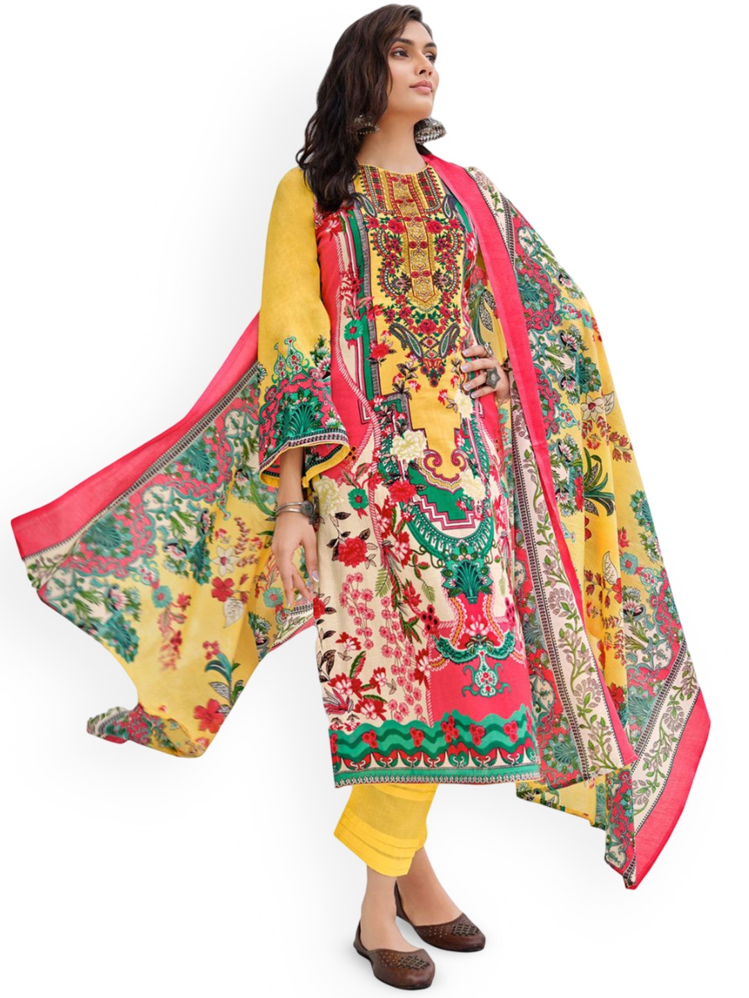 

DRAVINAM Trends Embroidered Pure Cotton Unstitched Dress Material, Yellow