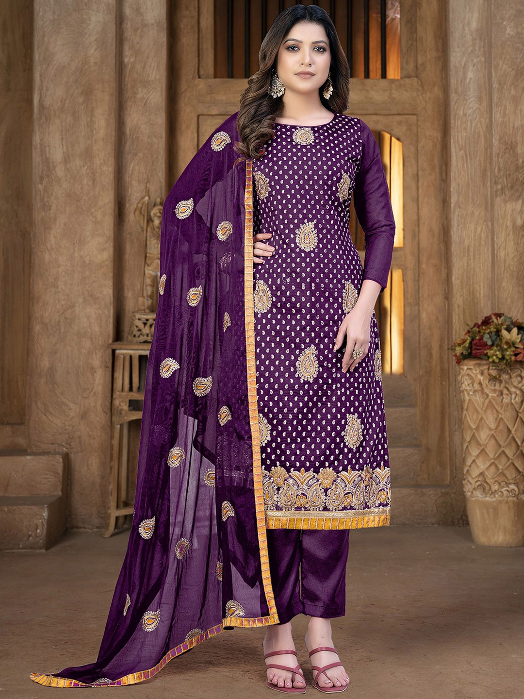 

SAINOOR Embroidered Semi-Stitched Dress Material, Magenta