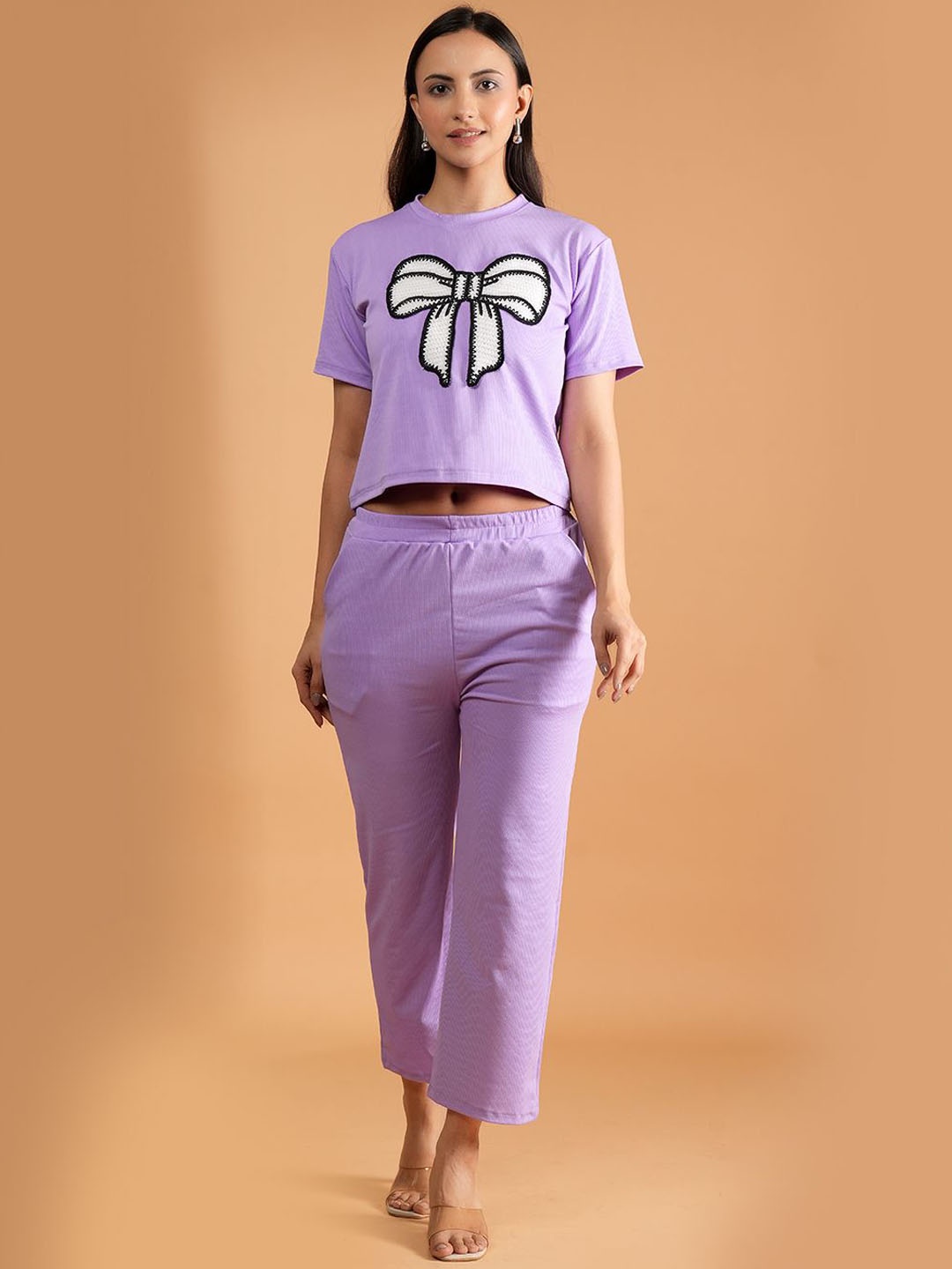 

Dreambe Embroidered Short Sleeves Tshirt With Trousers Co-Ords, Purple