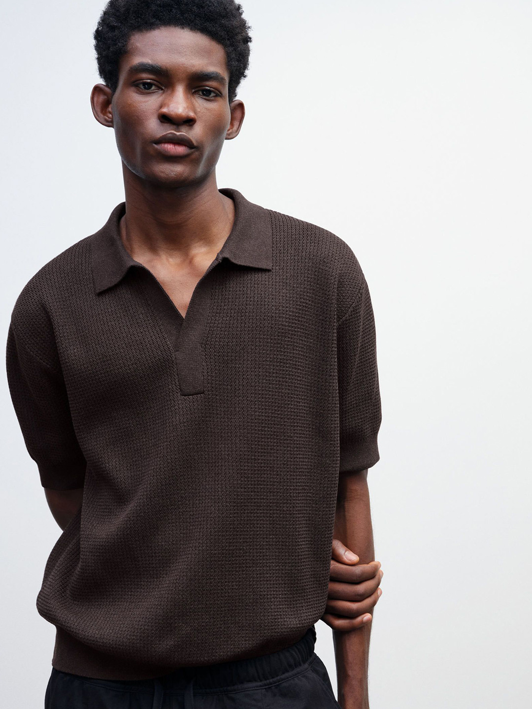 

H&M Regular Fit Cable-Knit Polo Shirt, Brown