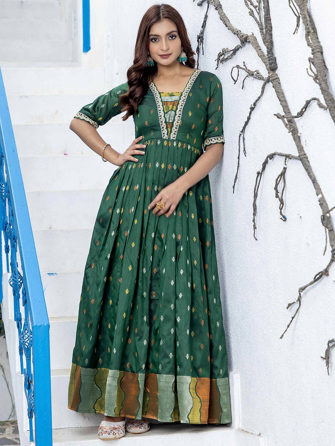 

DEVATITHI Woven Design Gown Maxi Ethnic Dresses, Green