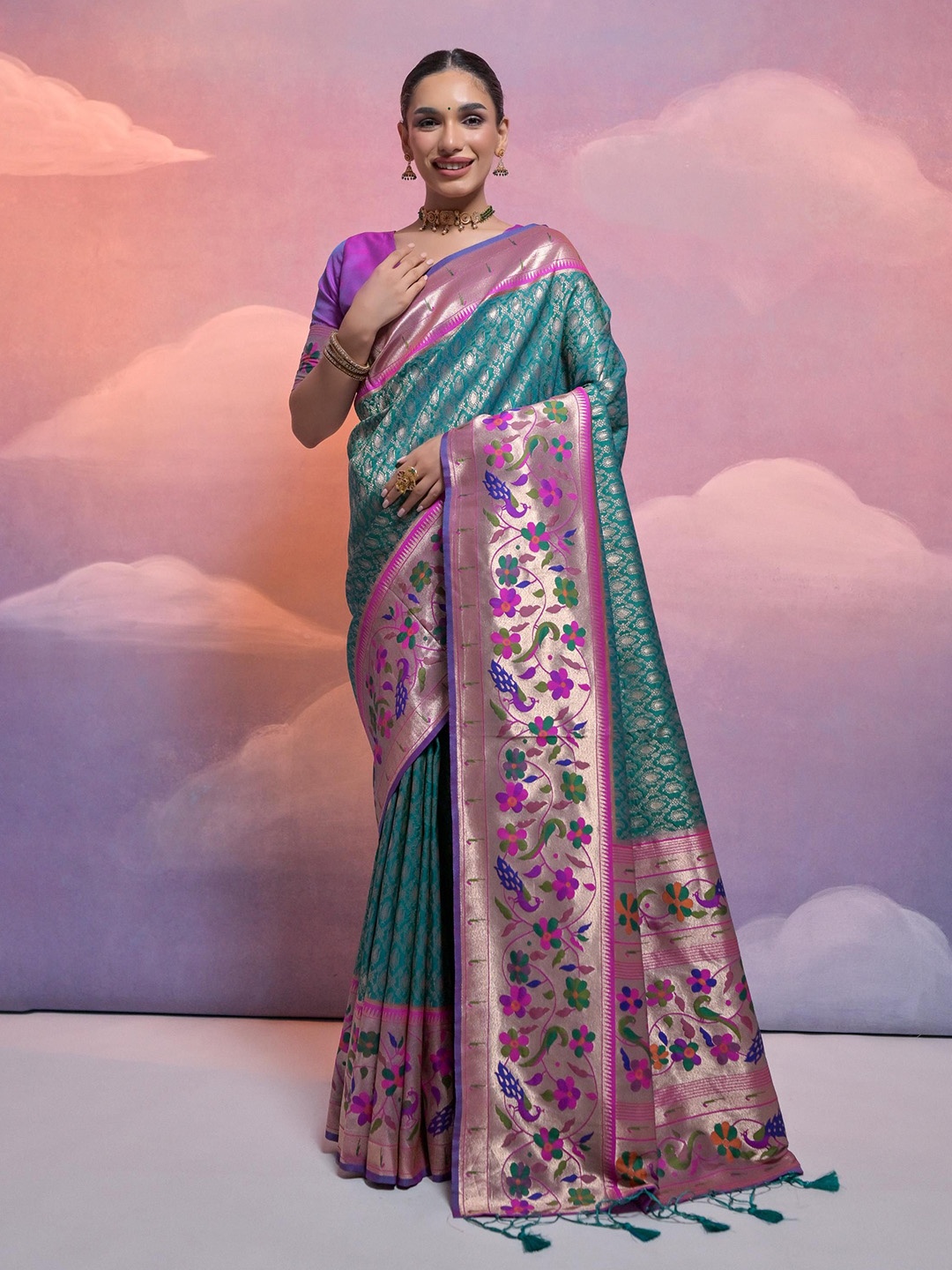 

Divyadham Textiles Woven Design Zari Pure Silk Handloom Banarasi Saree, Turquoise blue
