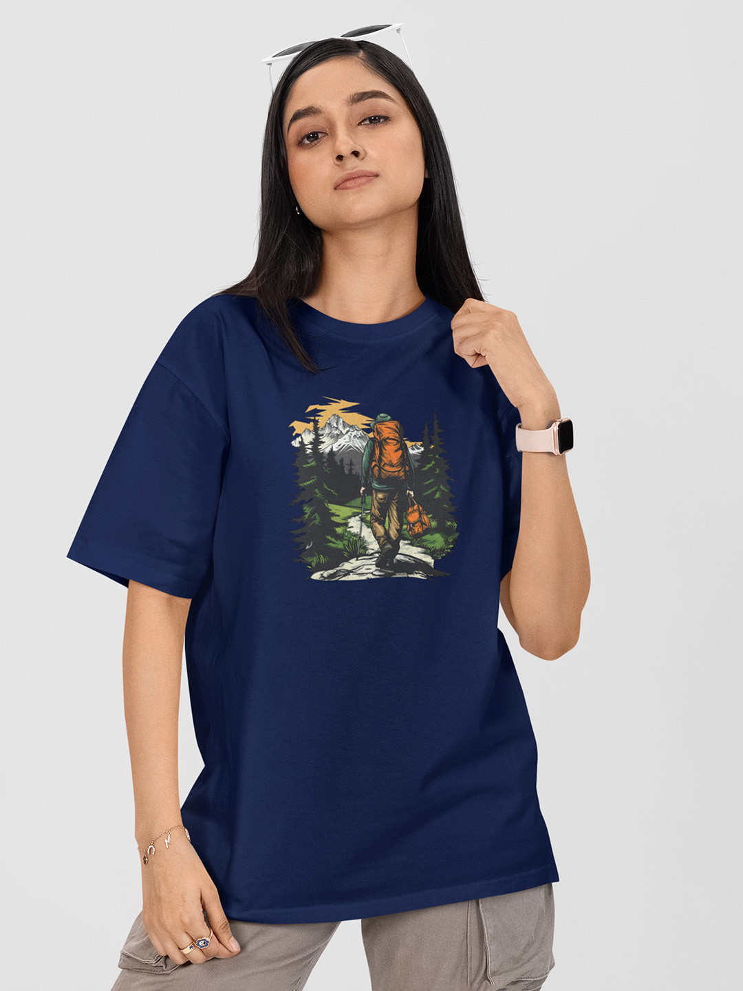 

Moda Rapido Women Printed Drop-Shoulder Sleeves Applique T-shirt, Navy blue