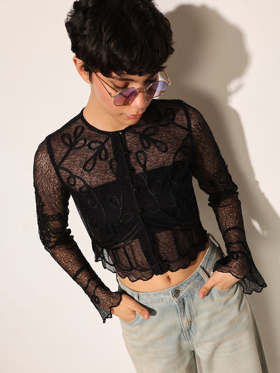 

ONLY Flared Sleeve Sheer Lace Crop Top, Black