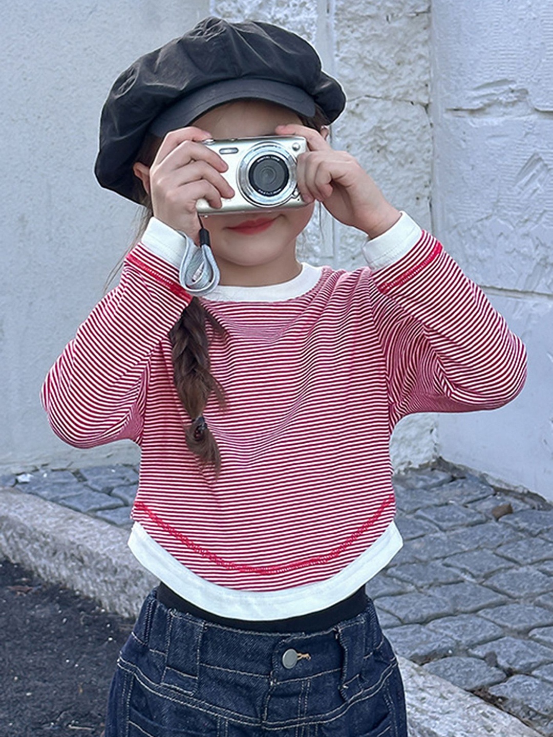 

LULU & SKY Girls Striped Extended Sleeves Pockets T-shirt, Red