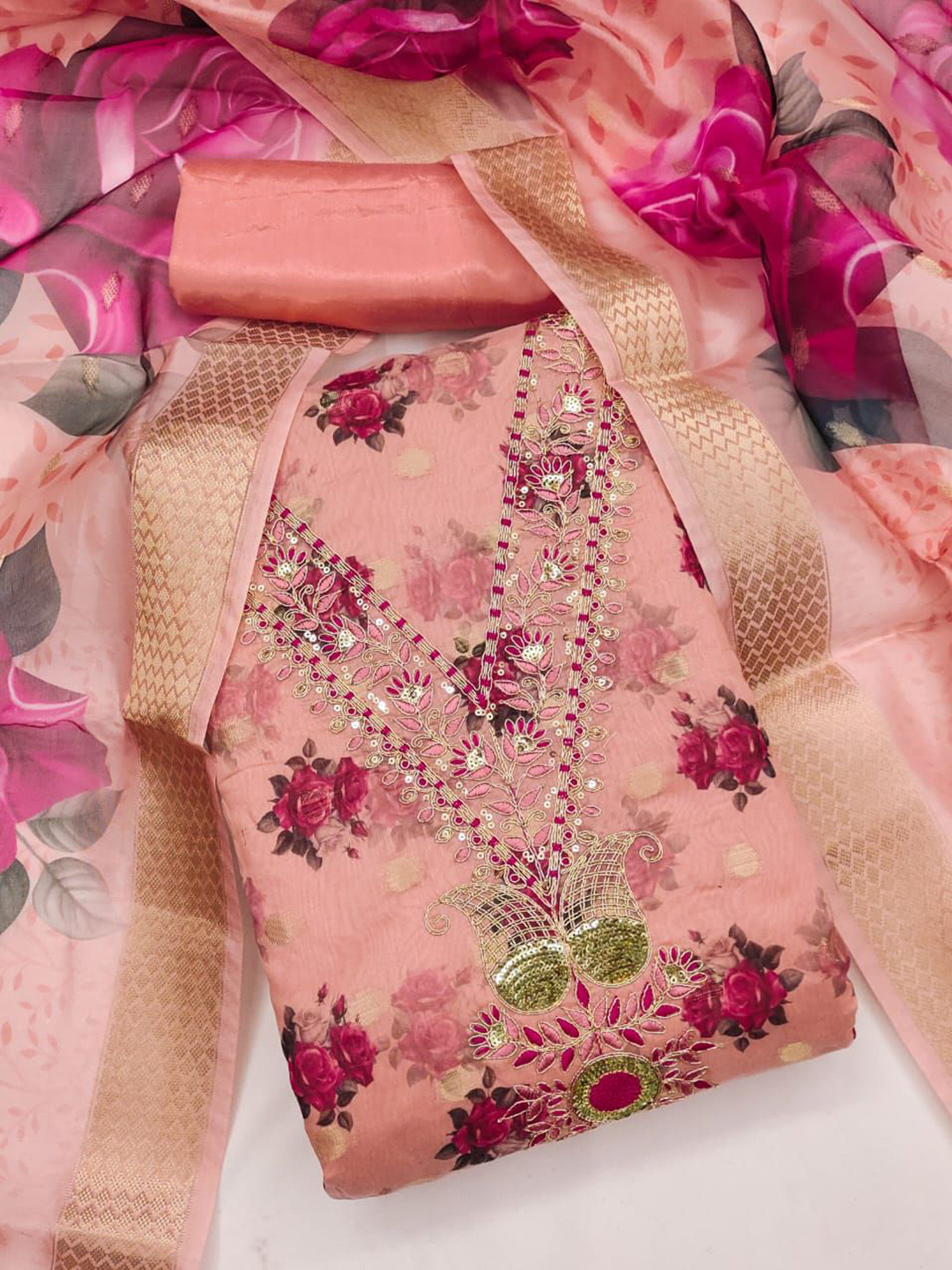 

BlissFlair Pure Cotton Unstitched Dress Material, Pink