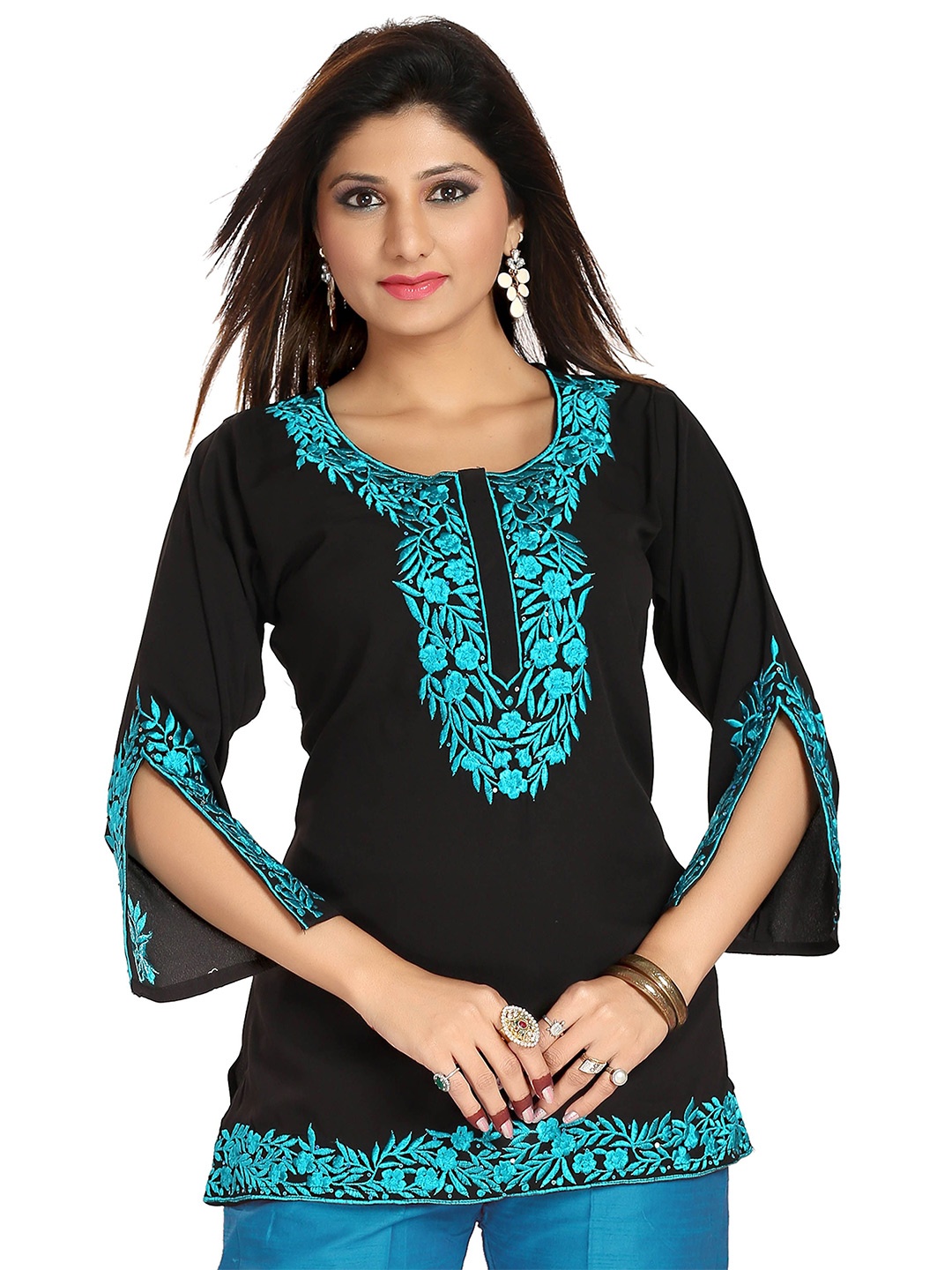 

Meher Impex Embroidered Slit Sleeve Crepe Top, Black