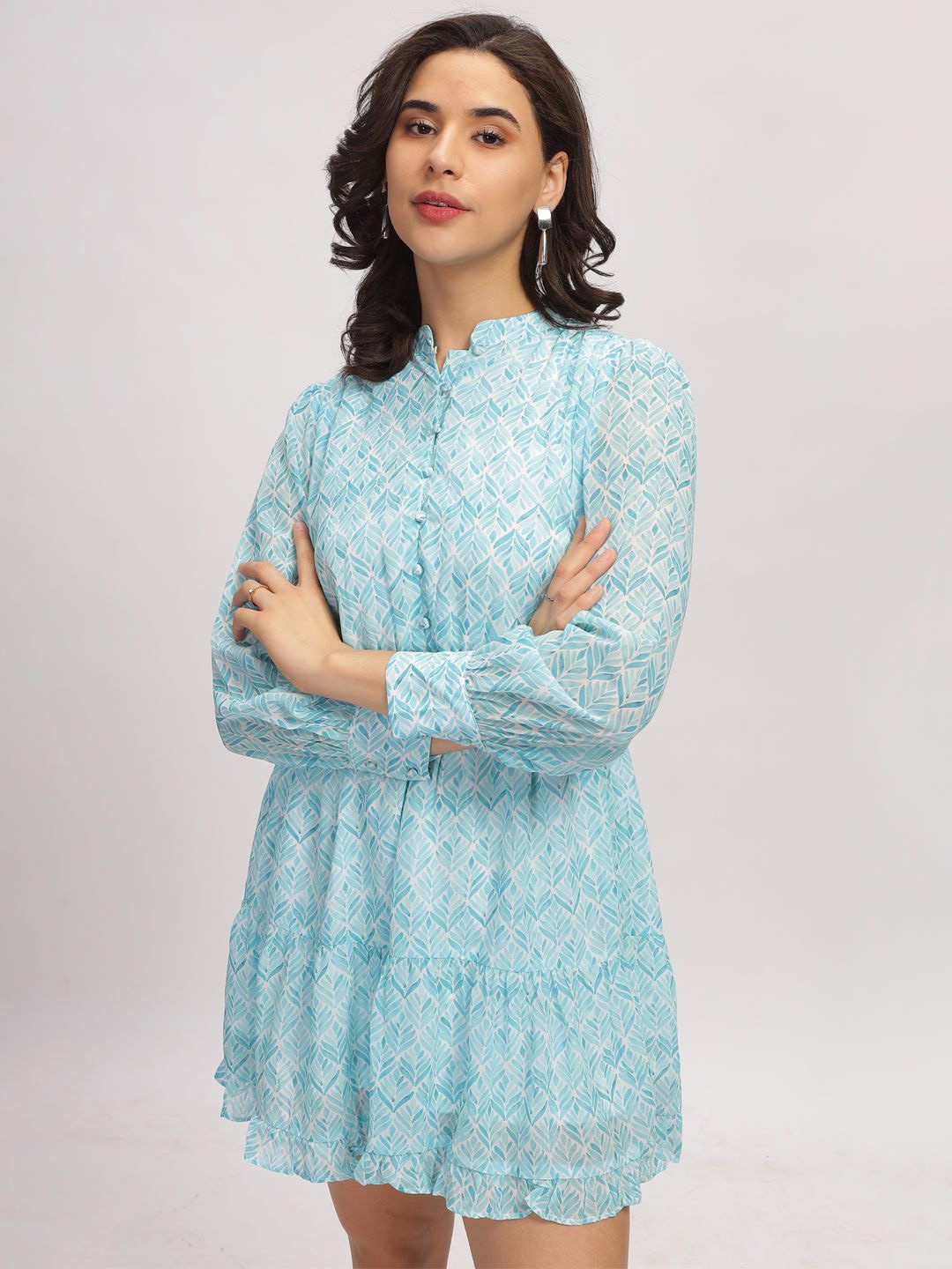 

B BLUBERYL - Comfort Inside Out Print Ruffled Georgette Fit & Flare Dress, Turquoise blue