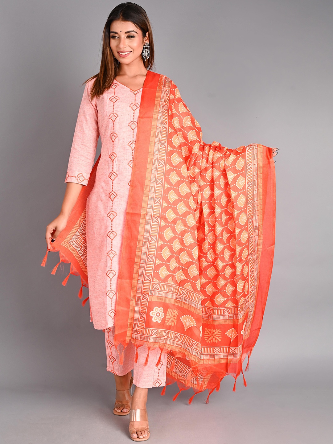 

The Hope Women Floral Embroidered Regular Thread Work Pure Cotton Kurta with Trousers & With Dupatta, Orange