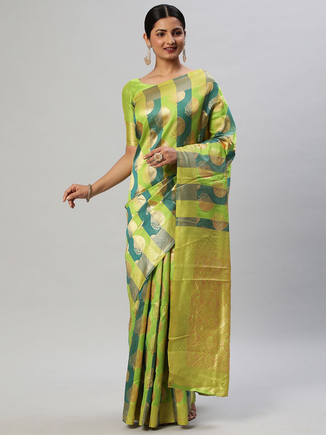 

KALINI Woven Design Zari Silk Blend Kanjeevaram Saree, Green