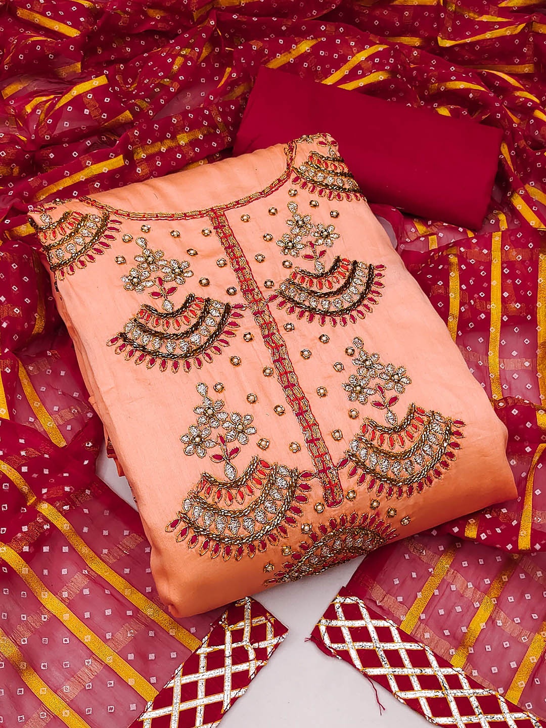 

SAINOOR Embellished Semi-Stitched Dress Material, Peach
