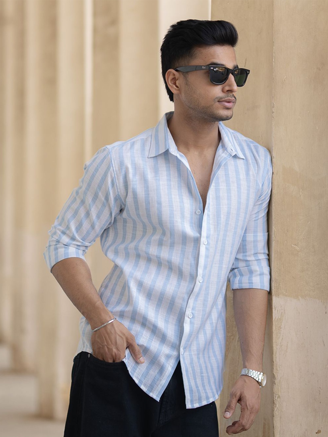 

Powerlook Men Opaque Striped Casual Shirt, Blue