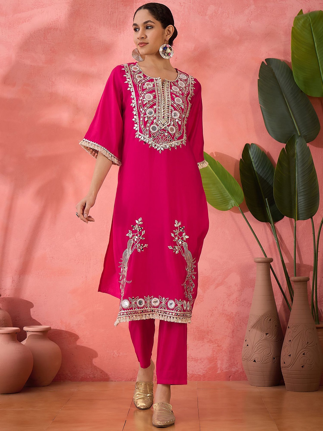 

Sangria Embroidered Straight Kurta, Trousers With Bag, Pink