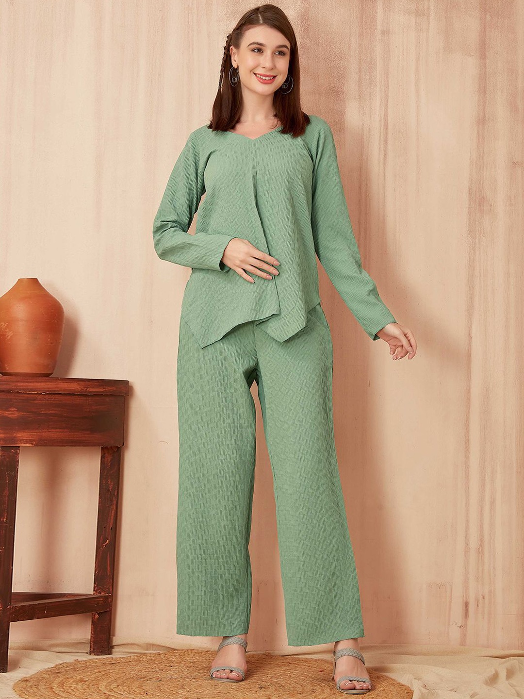 

SHINISHA V-Neck Top With Trousers Co-Ords, Green