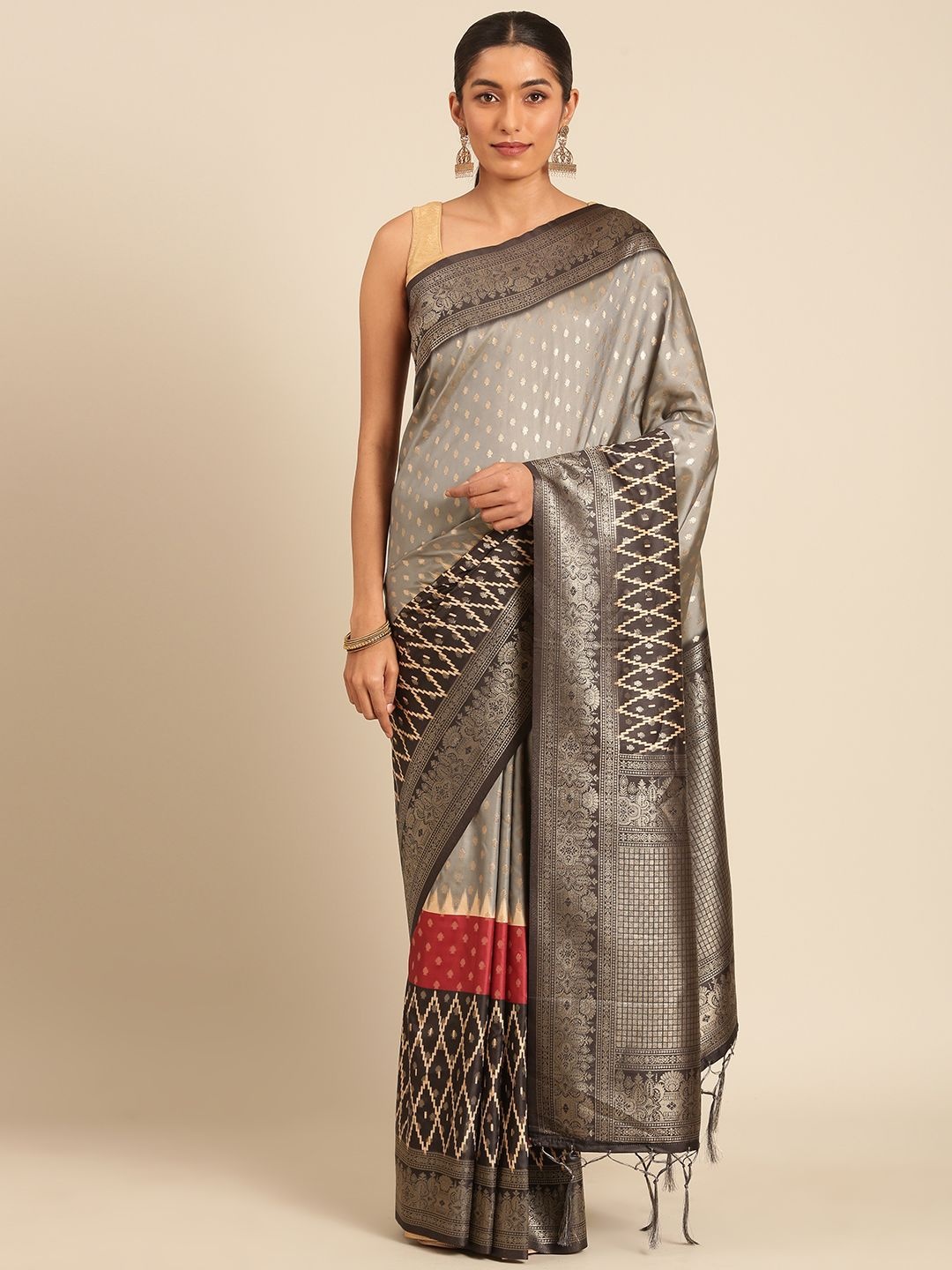 

LeeliPeeri Designer Woven Design Zari Silk Blend Saree, Grey