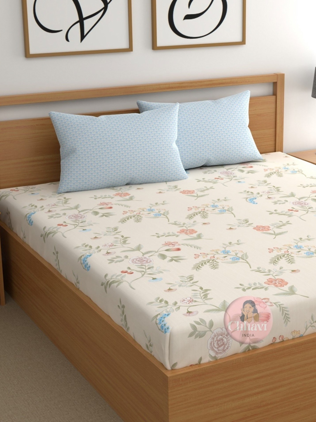 

CHHAVI INDIA Beige & Blue Floral 210 TC King Bedsheet with 2 Pillow Covers