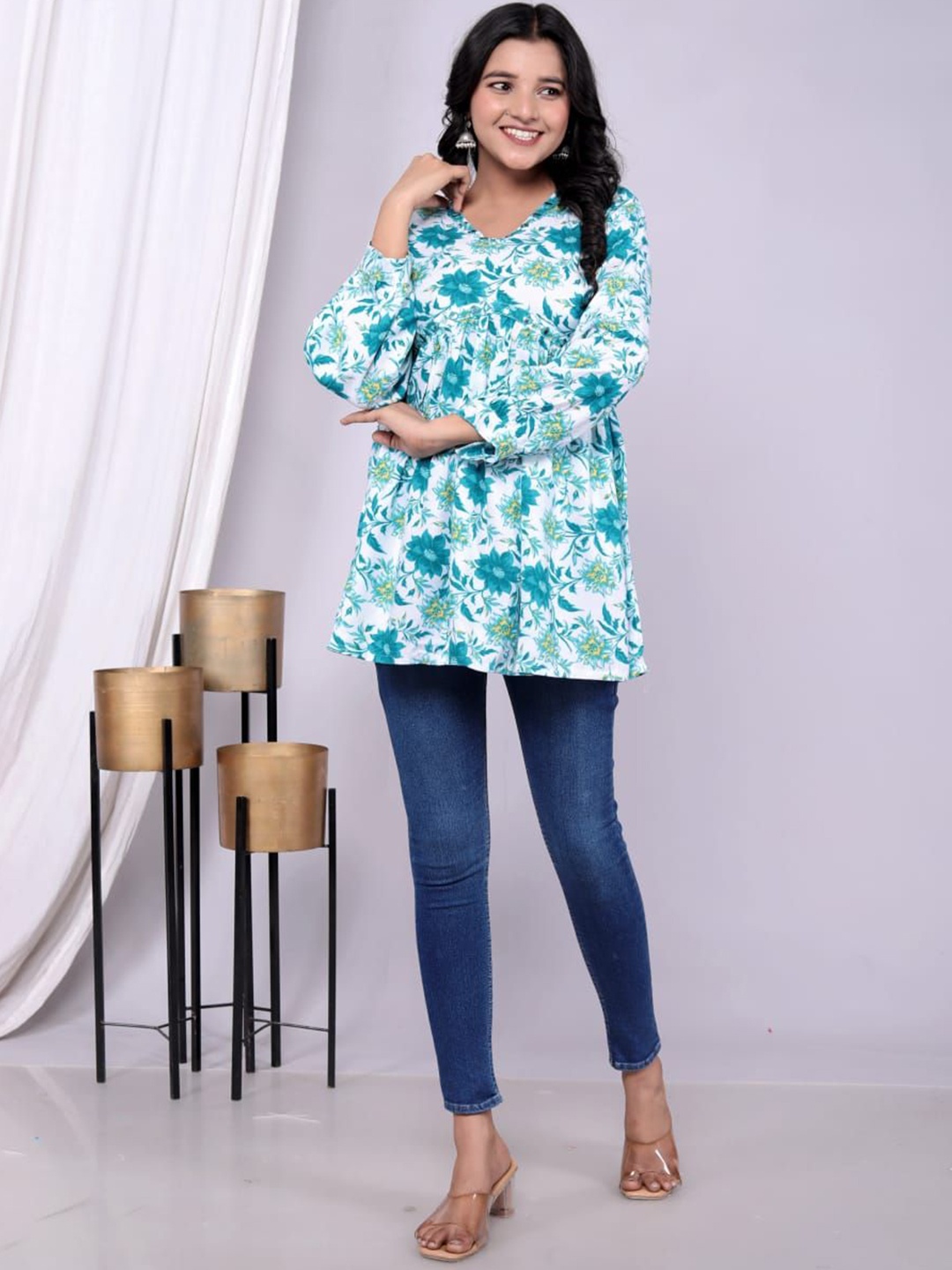 

MILAAV Floral Print Bell Sleeve Top, Blue