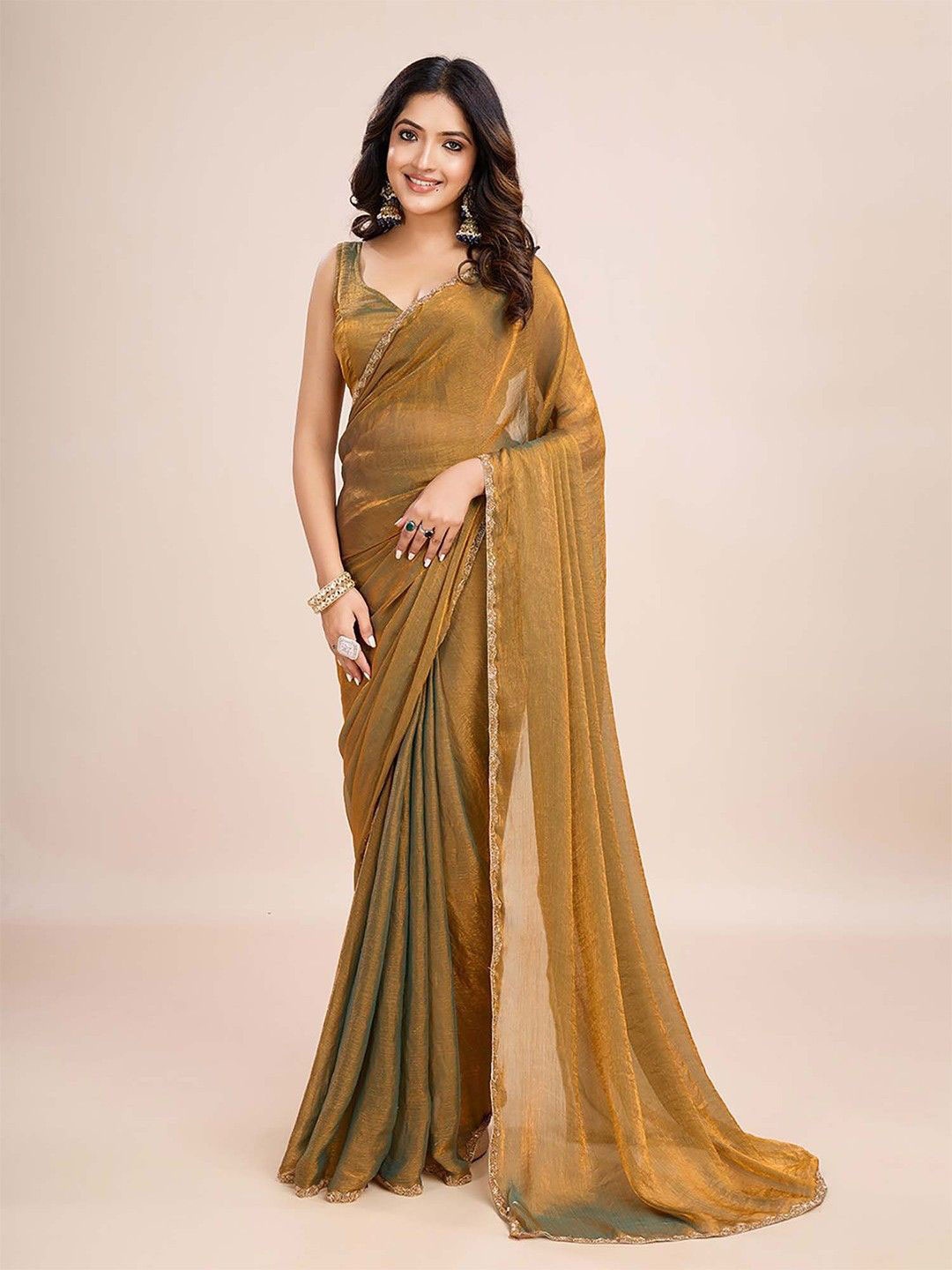 

SWADESI STUFF Sequinned Silk Blend Saree, Gold