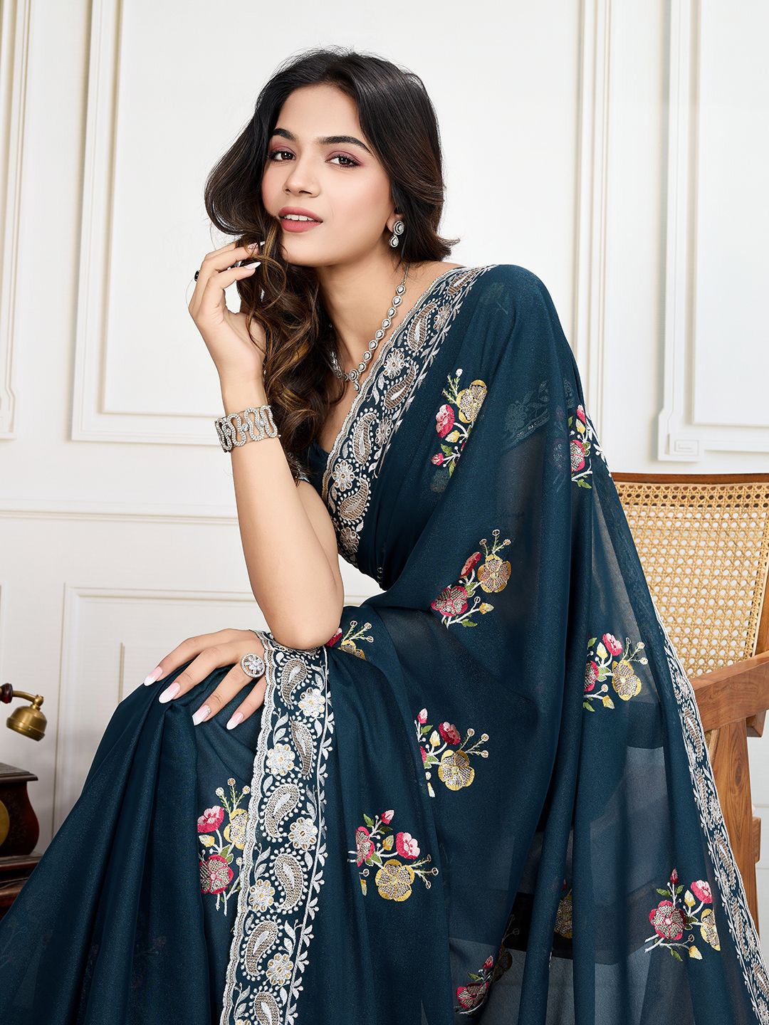 

House of Pataudi Embroidered Work Saree With Blouse Piece, Teal