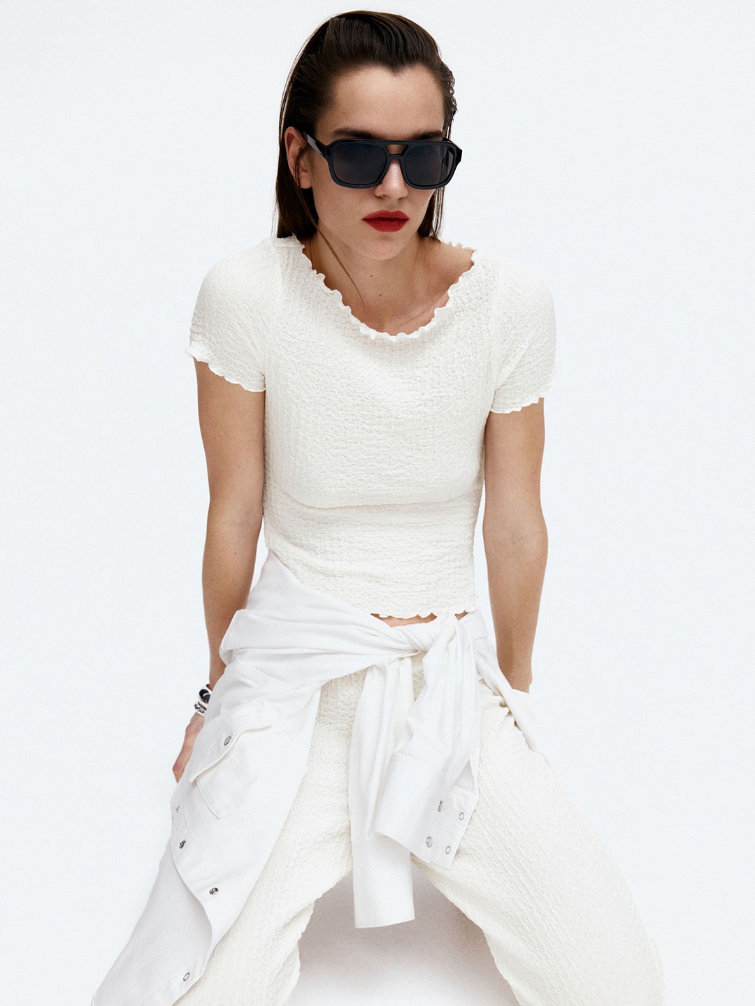 

H&M Overlock-Detail Crinkled Top, White