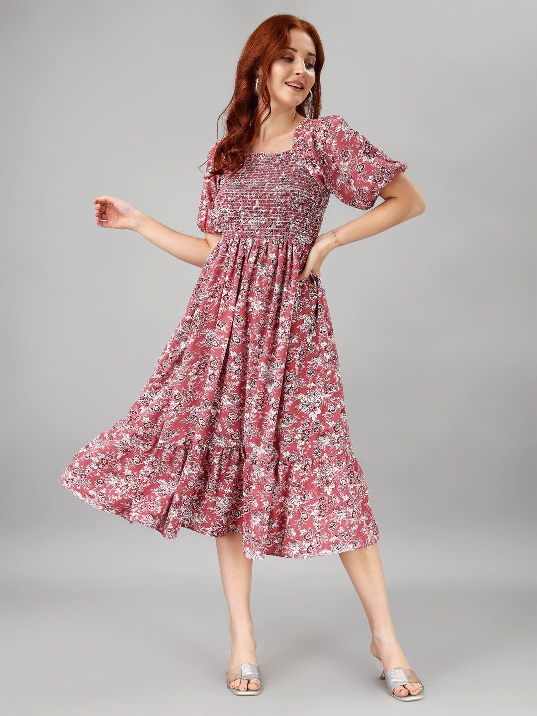 

Jash Creation Floral Print Applique Fit & Flare Maxi Dress, Pink