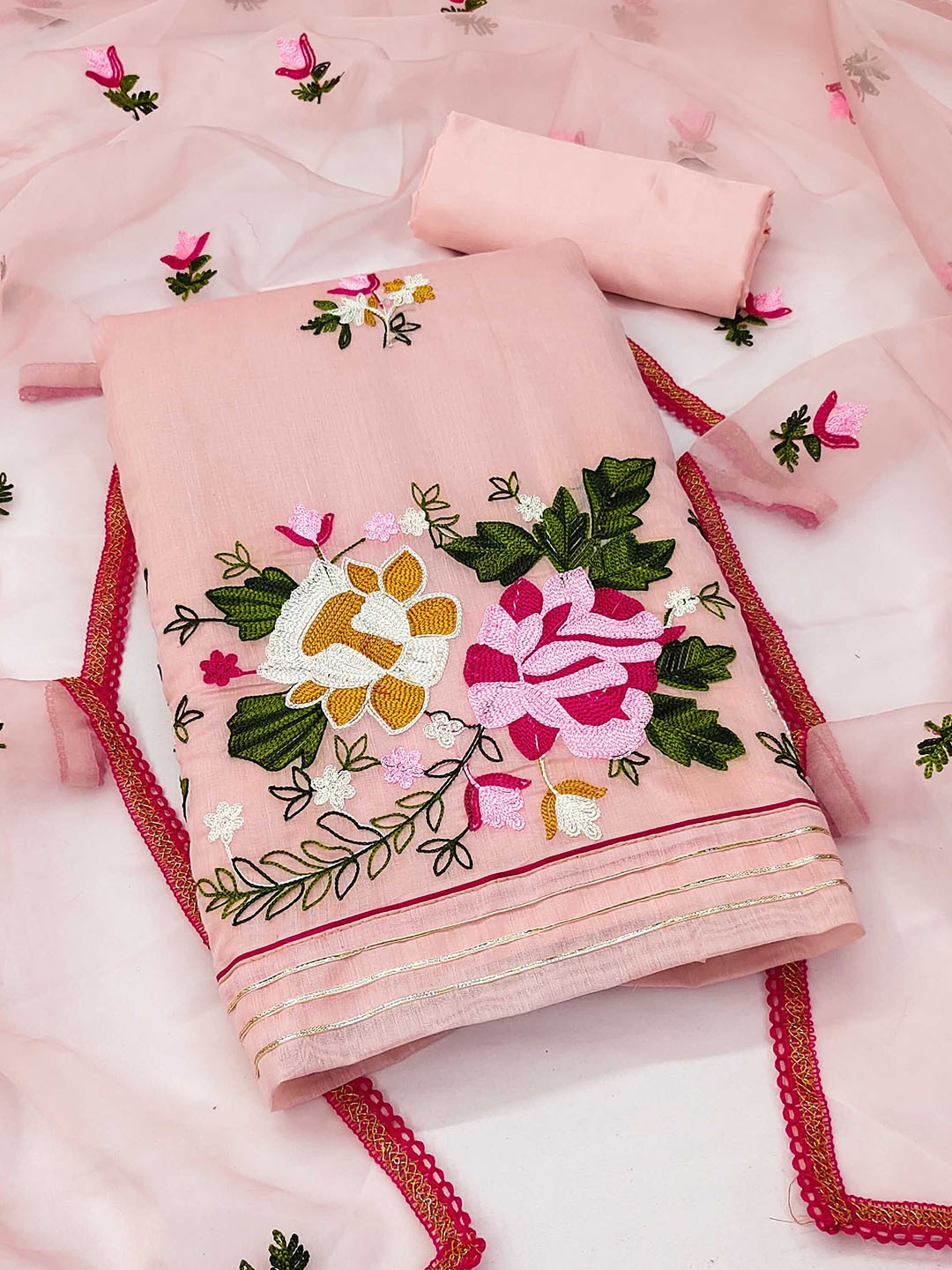 

SAINOOR Embroidered Semi-Stitched Dress Material, Peach