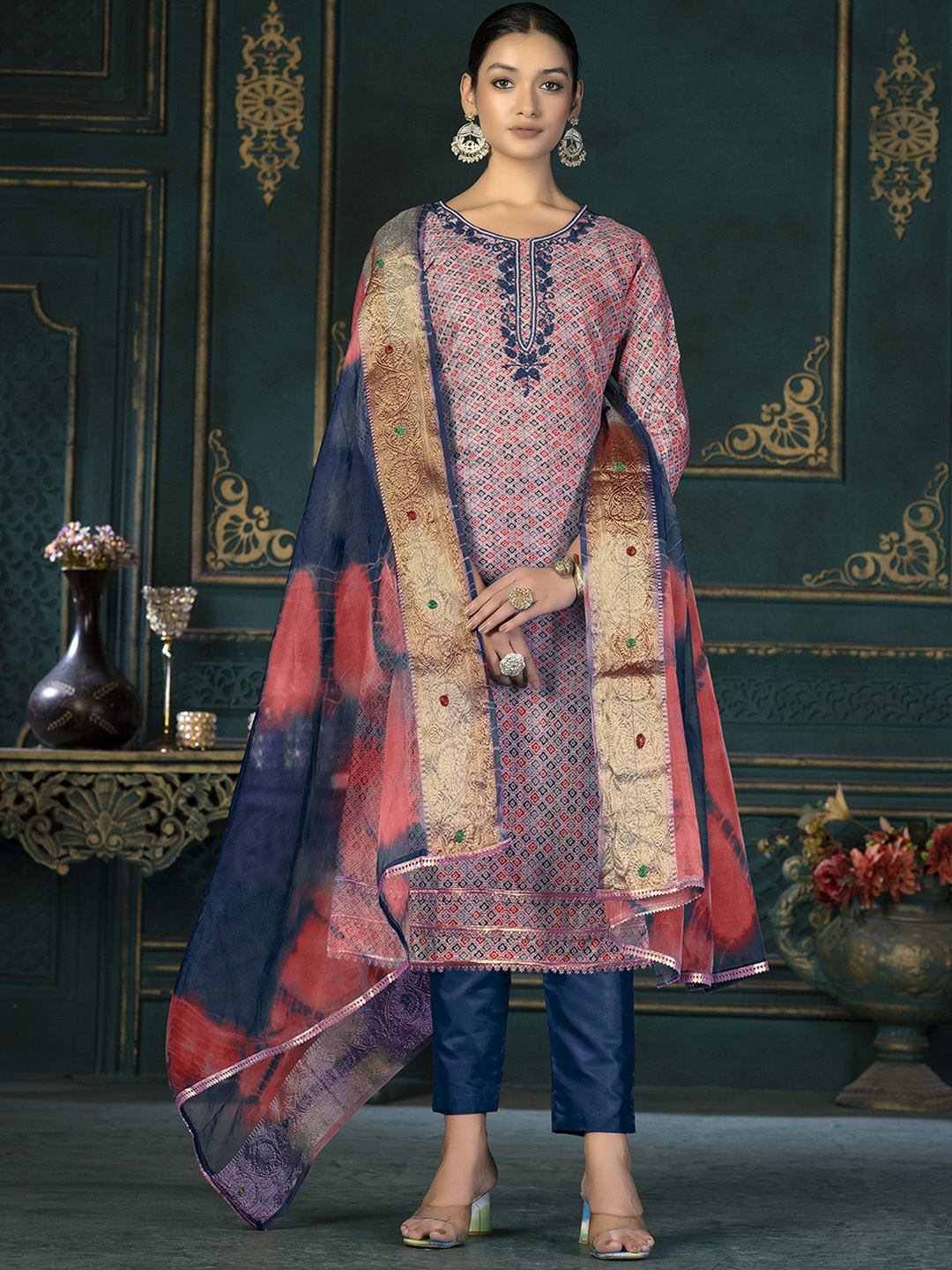 

SAINOOR Embroidered Pure Cotton Semi-Stitched Dress Material, Navy blue