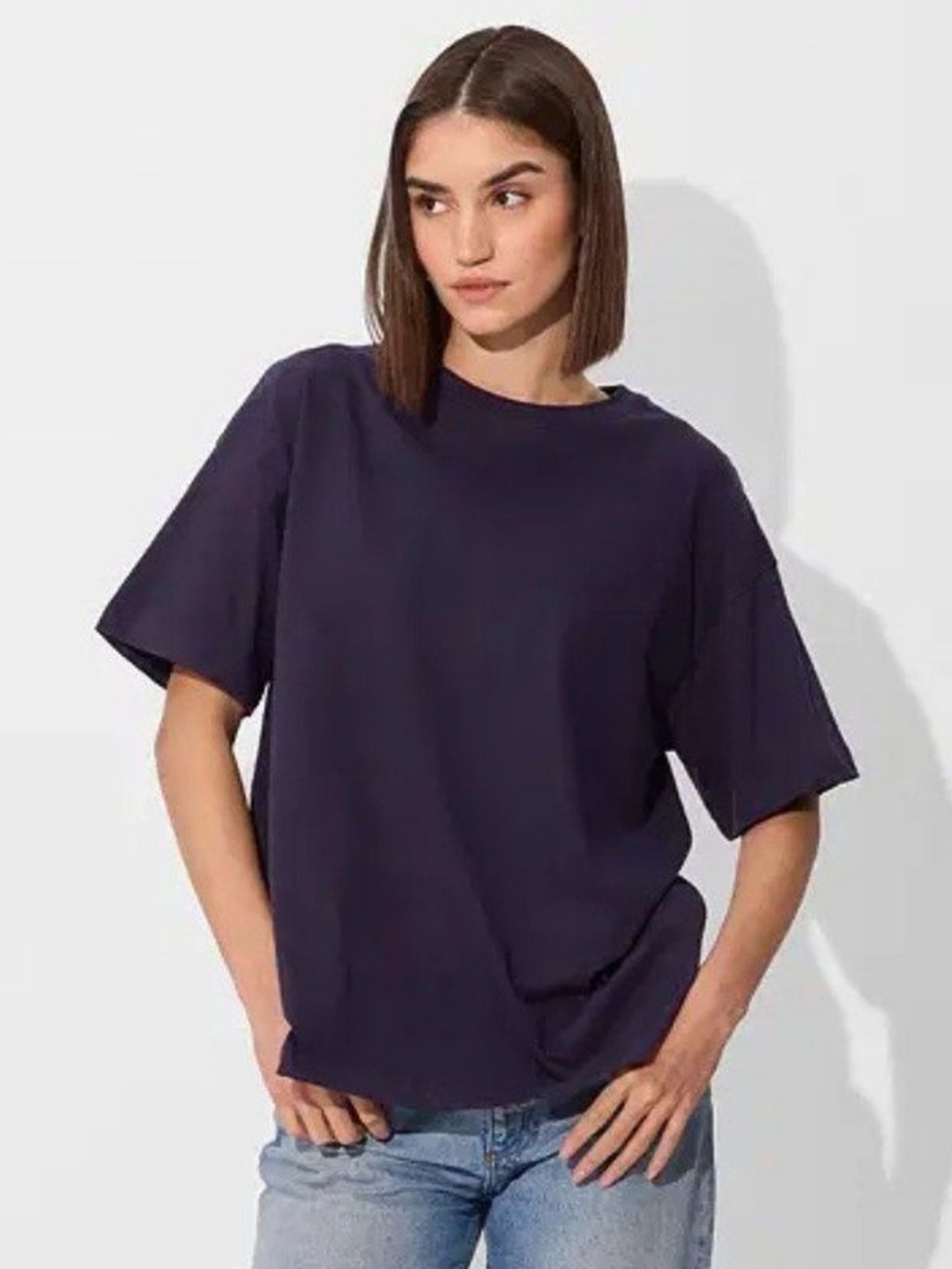 

URBANICE Women Drop-Shoulder Sleeves T-shirt, Navy blue