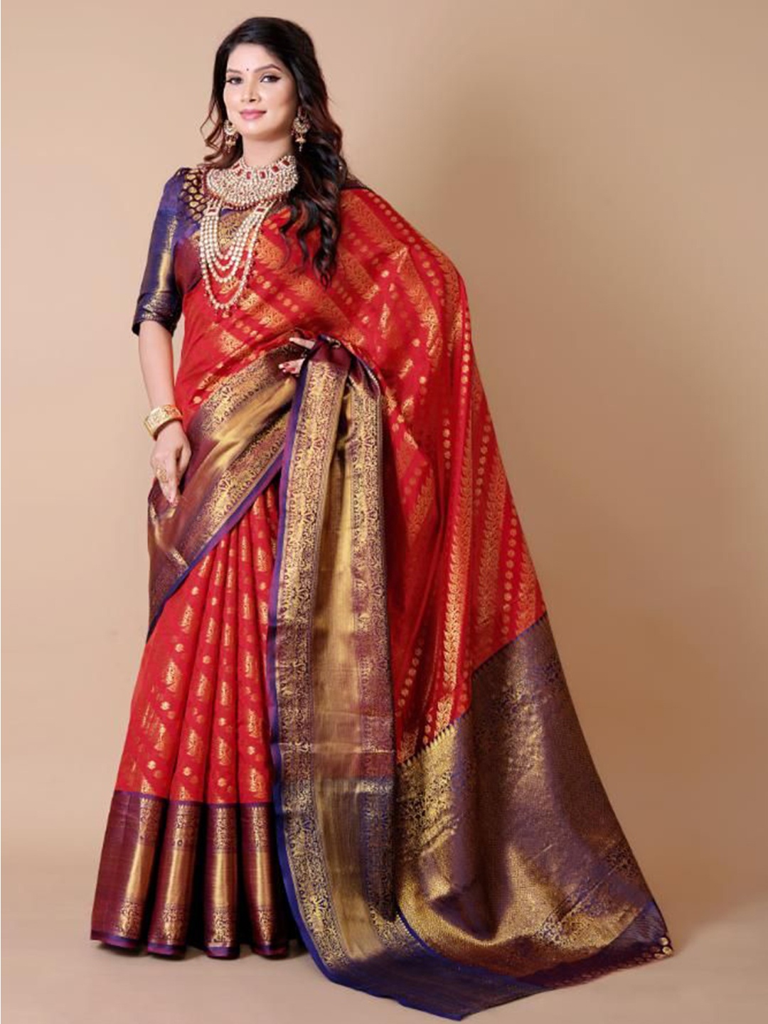 

jayant creation Woven Design Zari Silk Blend Banarasi Saree, Red