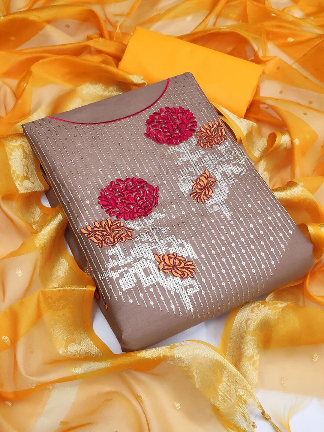 

SAINOOR Embroidered Semi-Stitched Dress Material, Brown