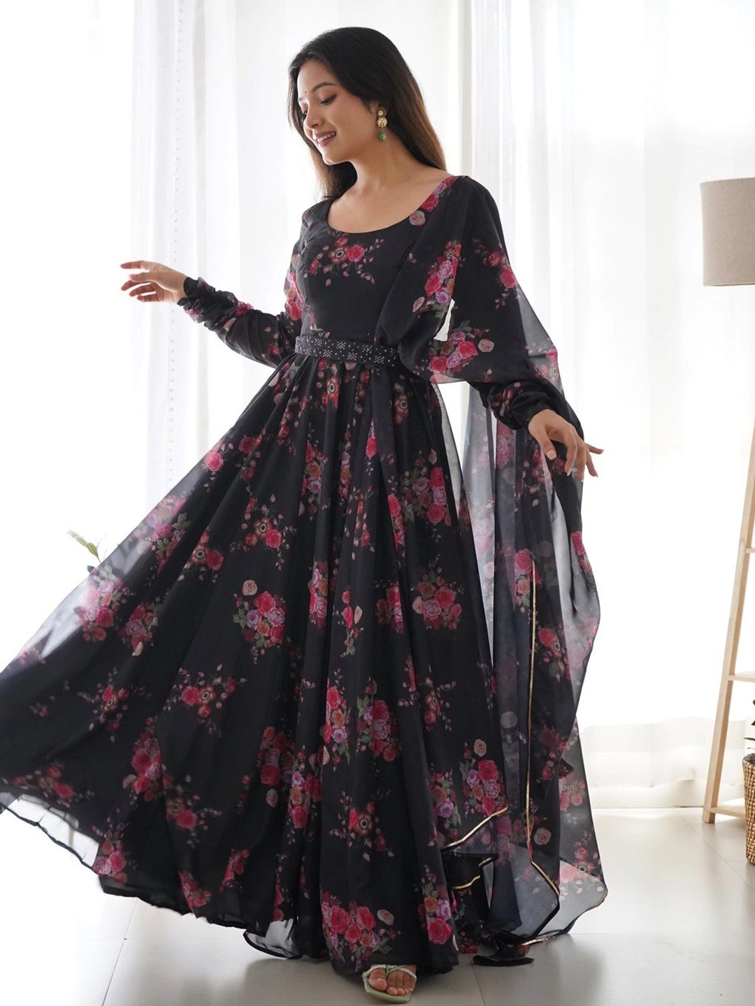 

Moda Rapido Floral Print Georgette Fit & Flare Maxi Dress, Black