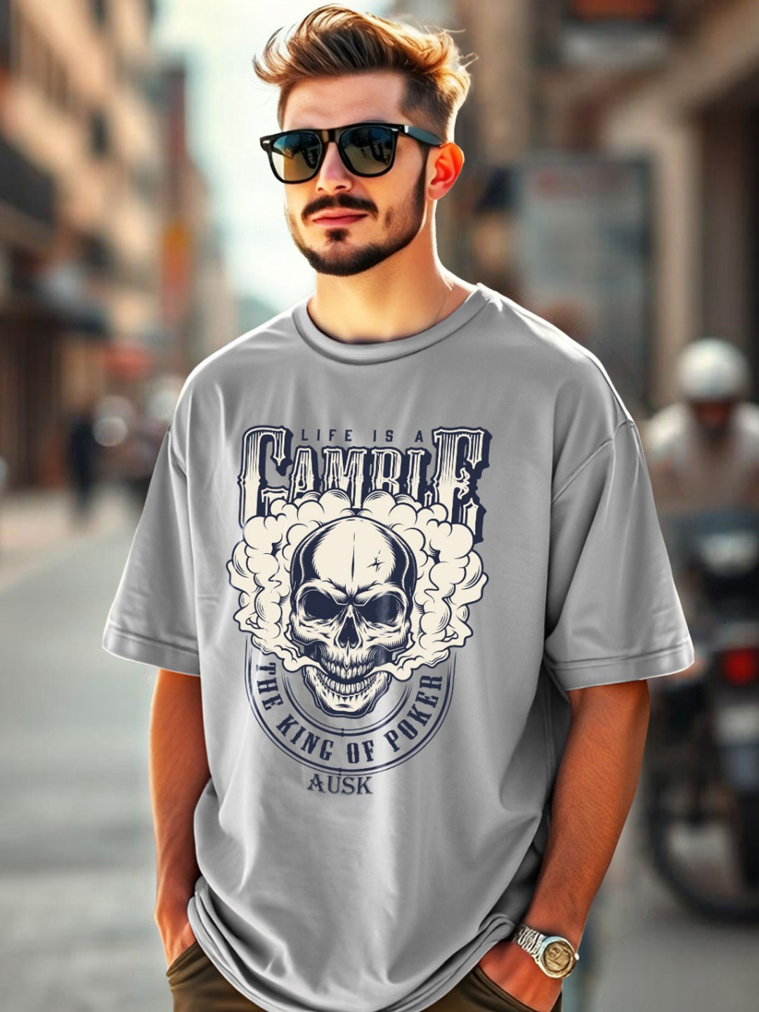 

AUSK Men Biker Printed Drop-Shoulder Sleeves Applique T-shirt, Grey