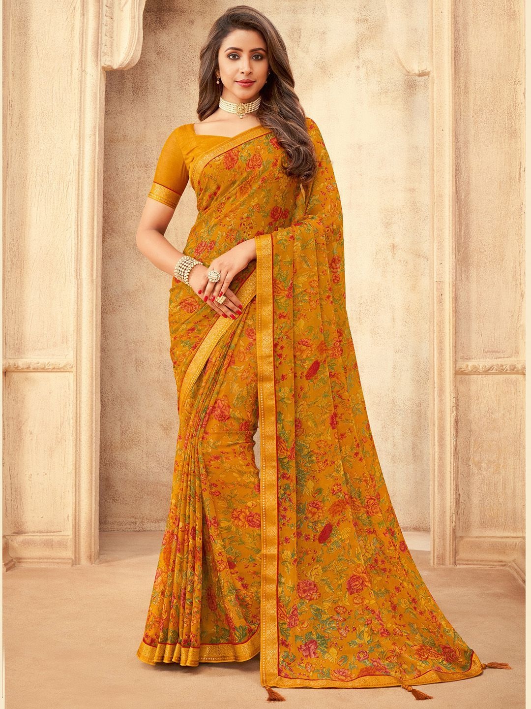 

DIVASTRI Floral Pure Chiffon Saree, Yellow