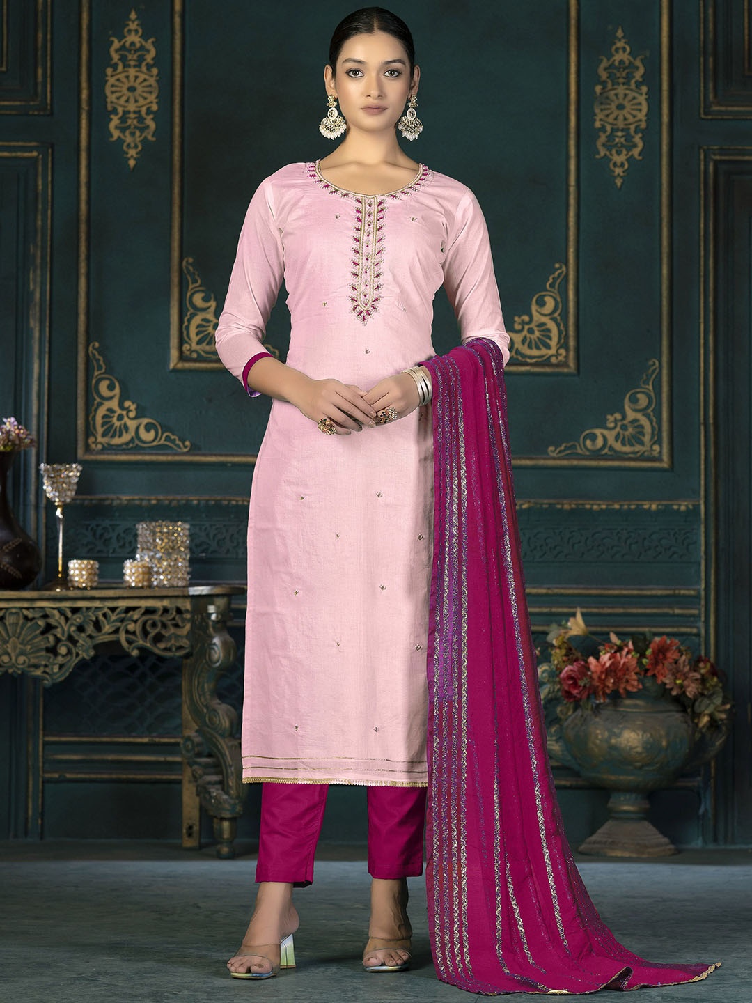 

SAINOOR Embellished Pure Cotton Semi-Stitched Dress Material, Pink