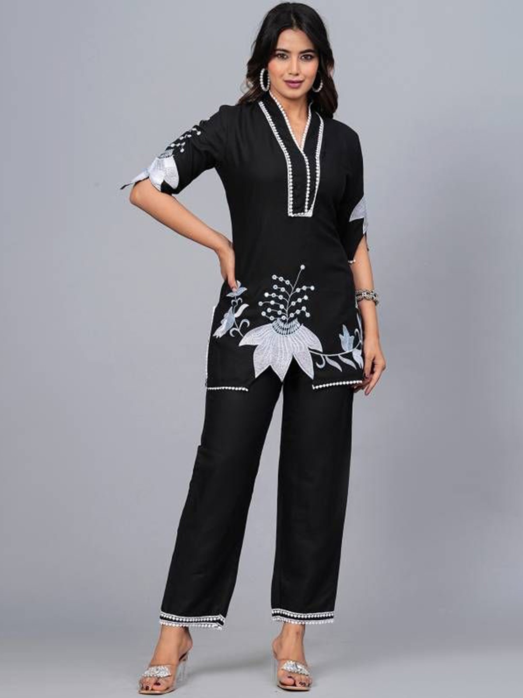 

Moda Rapido Women Floral Embroidered Regular Thread Work Top with Trousers, Black