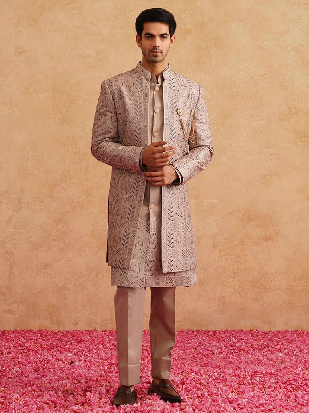 

Denis Parkar Embroidery Indowestern Sherwani Set, Rose gold