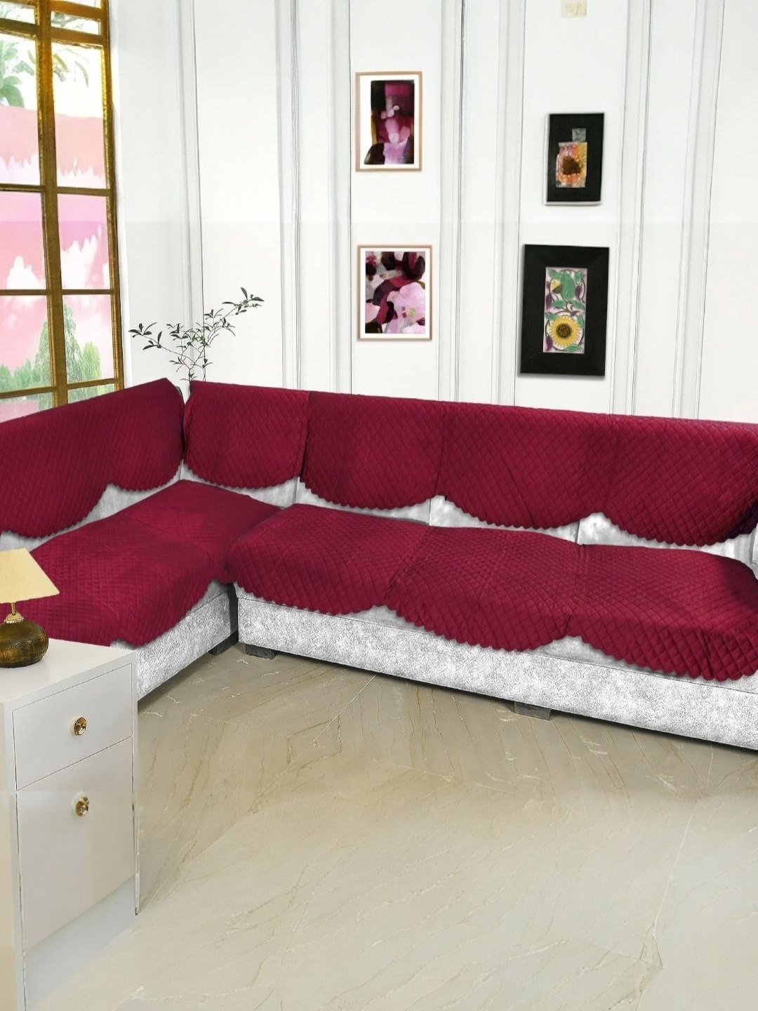 

BIGGER FISH Maroon Checked Velvet Sofa Cover