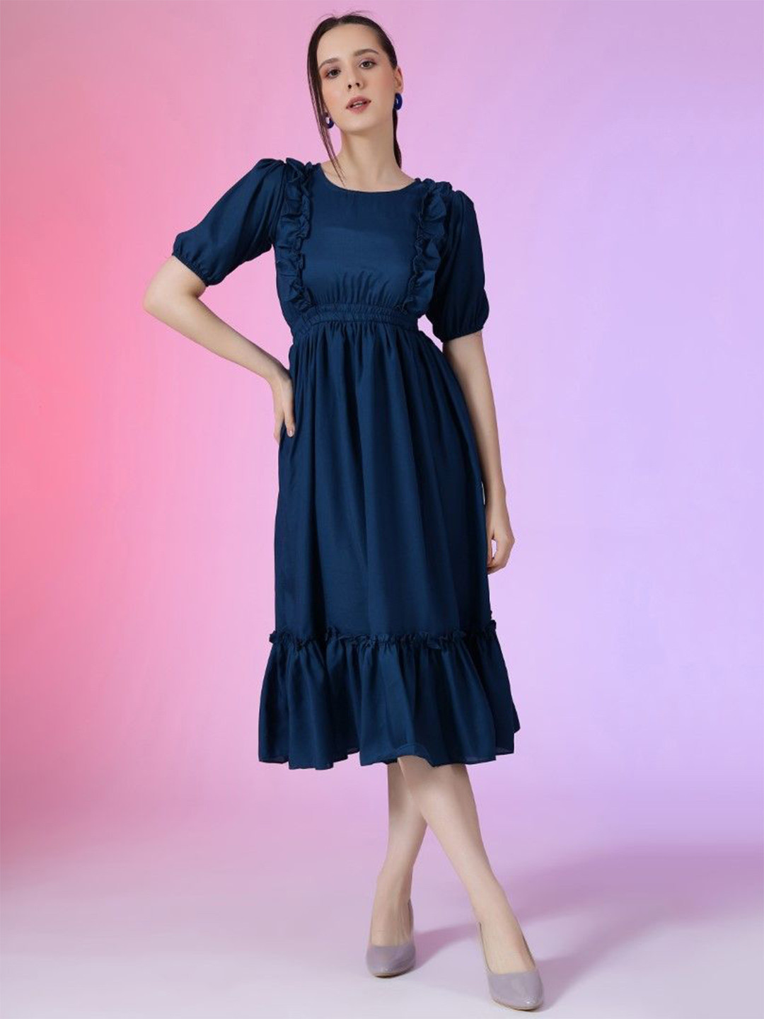 

Jash Creation Puff Sleeve Applique Fit & Flare Dress, Blue