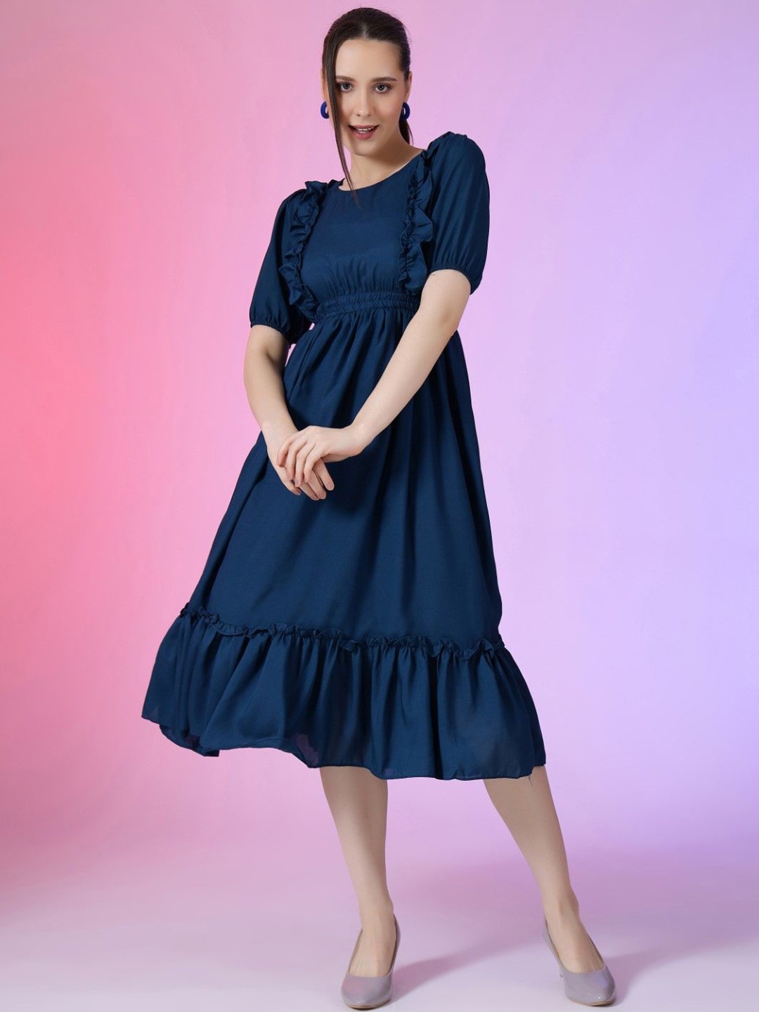 

Raiyani Fashion Puff Sleeve Applique Fit & Flare Dress, Blue