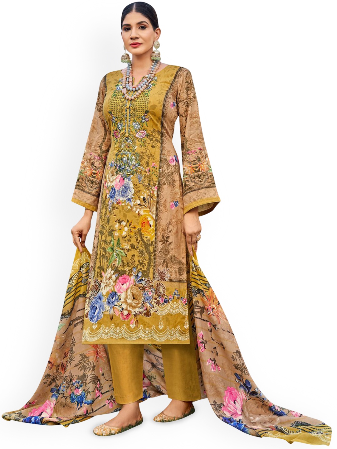 

DRAVINAM Trends Embroidered Pure Cotton Unstitched Dress Material, Yellow