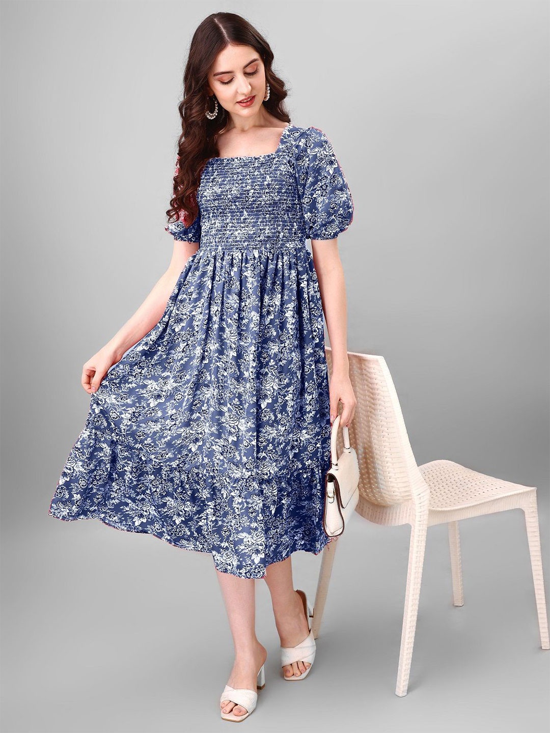 

Jash Creation Floral Print Applique Fit & Flare Maxi Dress, Blue