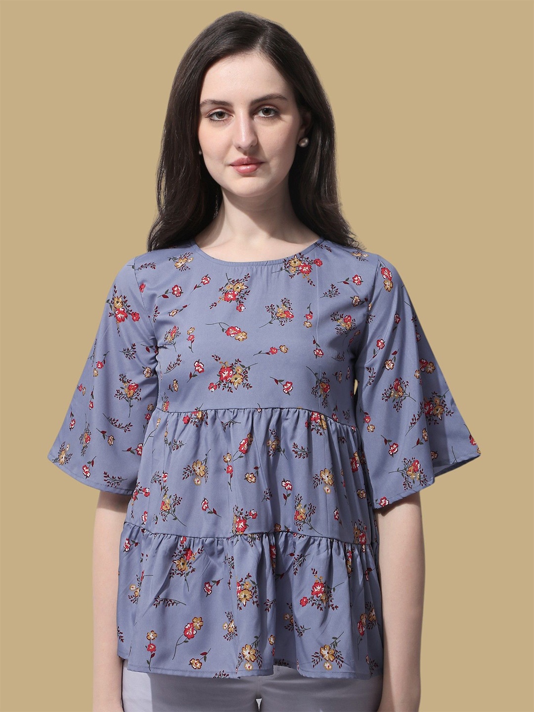 

Chemistry Floral Print Crepe Peplum Top, Grey